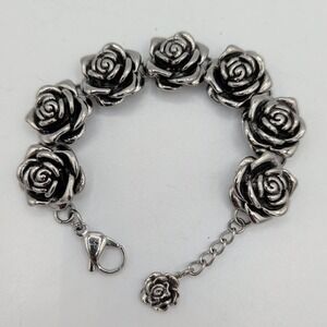 Silver Tone 3D Spring Rose Flower Link Bracelet Lobster Clasp Extender 6.25-7.5"